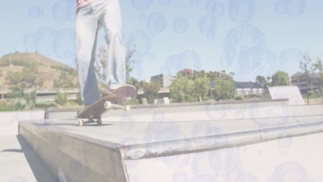 Animation-Von-Blasen-über-Einem-Kaukasischen-Mann-Beim-Skateboarden