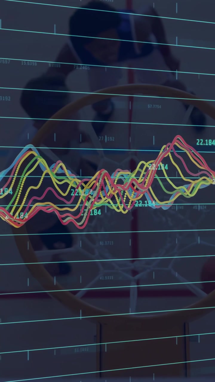 Vertical video: Players moving on sports court causing waveform shifting and showing metrics