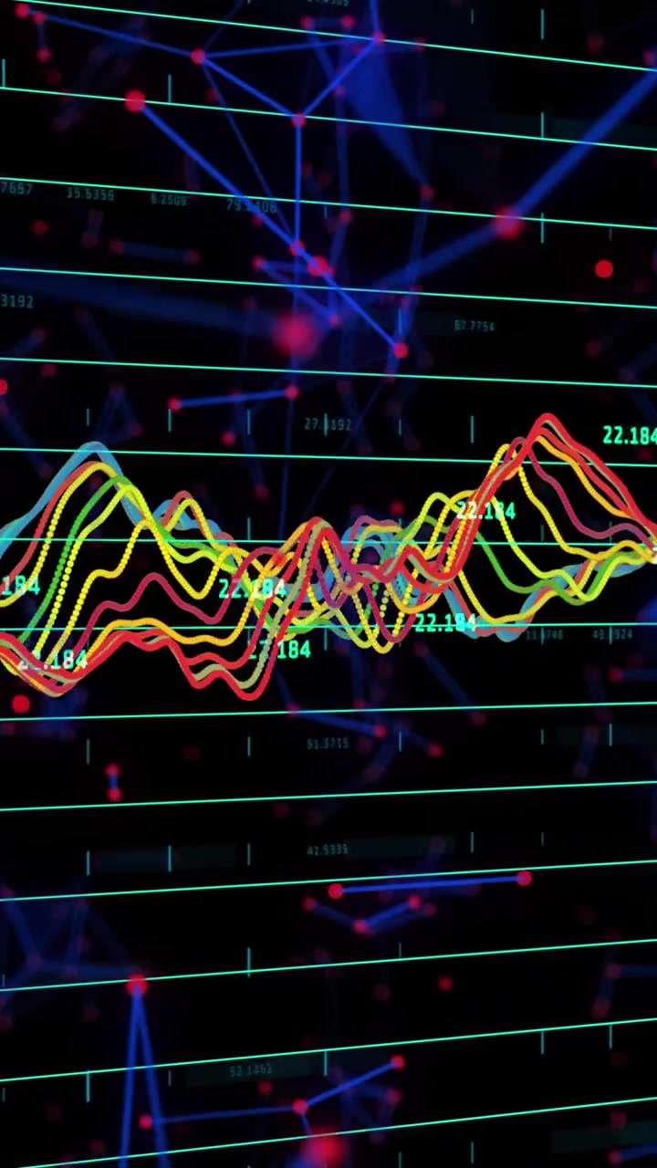 Animation of data processing and numbers changing over grid and networks of connections