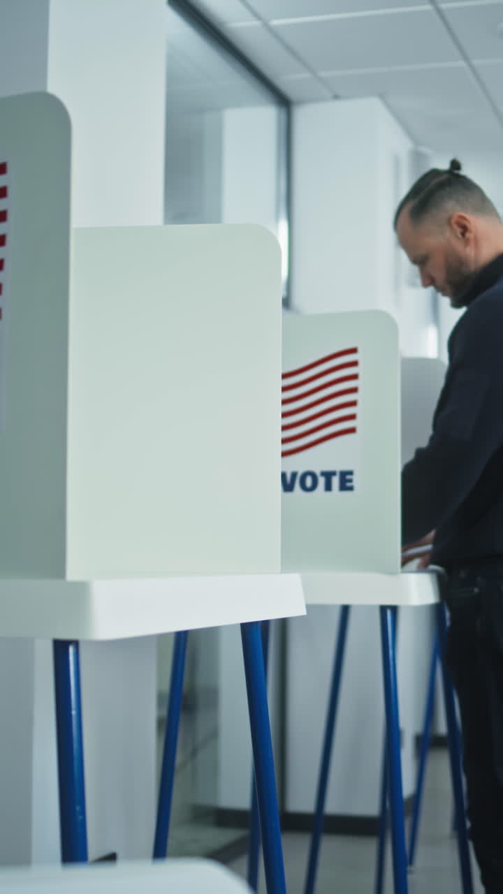 Portrait of female soldier, United States of America elections voter. Woman in camouflage uniform stands in polling station and looks at camera. Background with voting booths. Concept of civic duty.