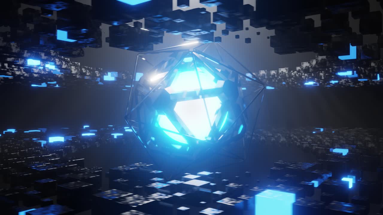 3D render of glowing sphere in wireframe hexagon spinning amidst cubes