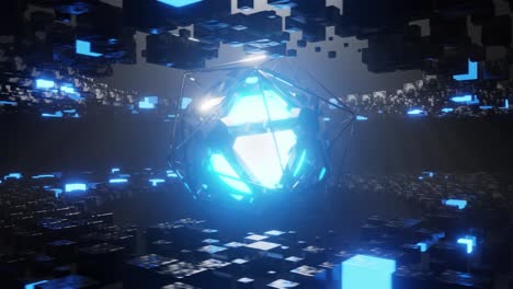 3d render of glowing sphere in wireframe hexagon spinning amidst cubes