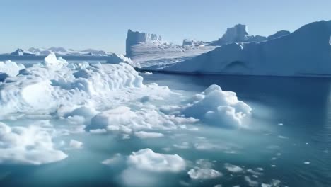 stunning aerial view of serene icebergs and reflection on calm waters in a remote arctic landscape under clear blue skies