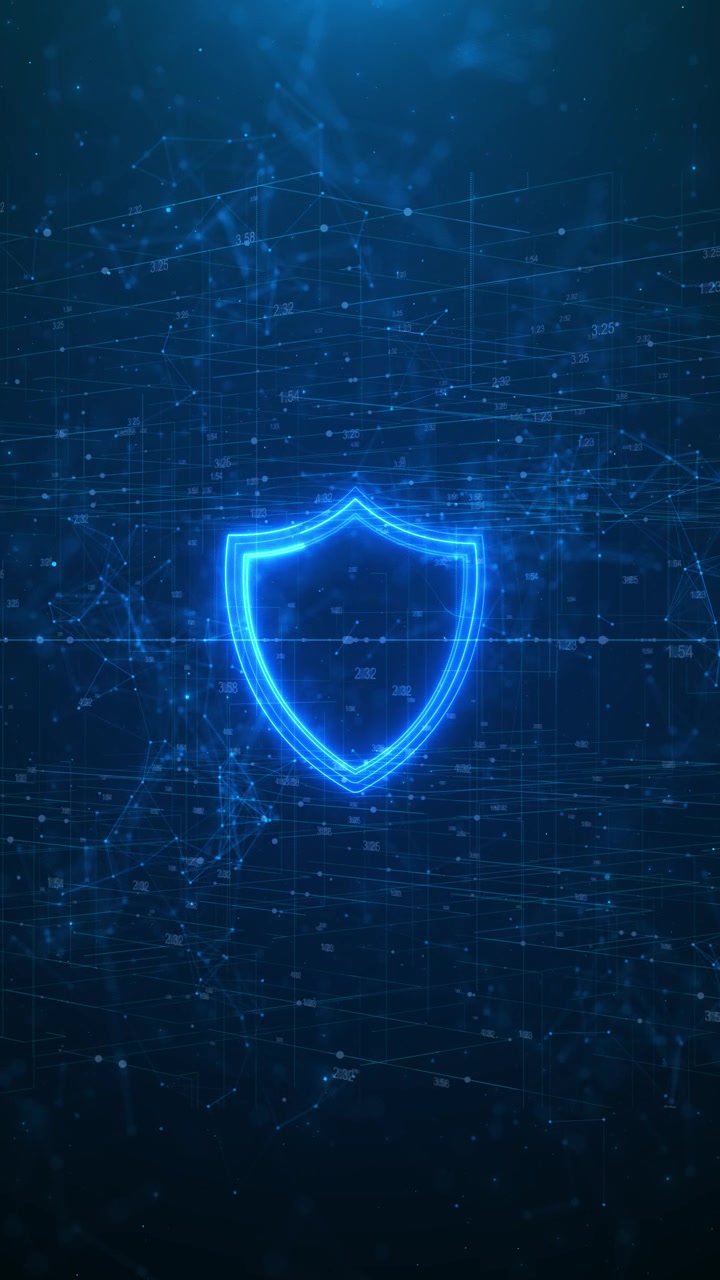 Scudo di protezione dati digitale, simbolo luminoso, nodi connessi, interfaccia numerica, profondità di rete per.