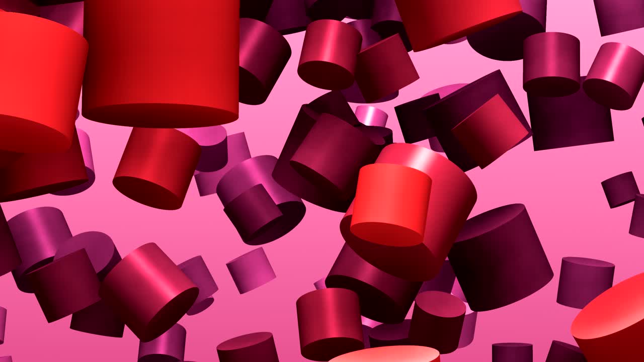 Horizontal camera pan animation with parallax effect showcasing cylinder shapes in soft pastel purple and red hues, gliding over a pink gradient background