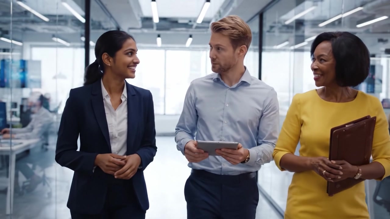 A Diverse Team Engages in Collaborative Dialogue While Walking Through a Modern Office Space, Showcasing Professional Interactions and Team Dynamics