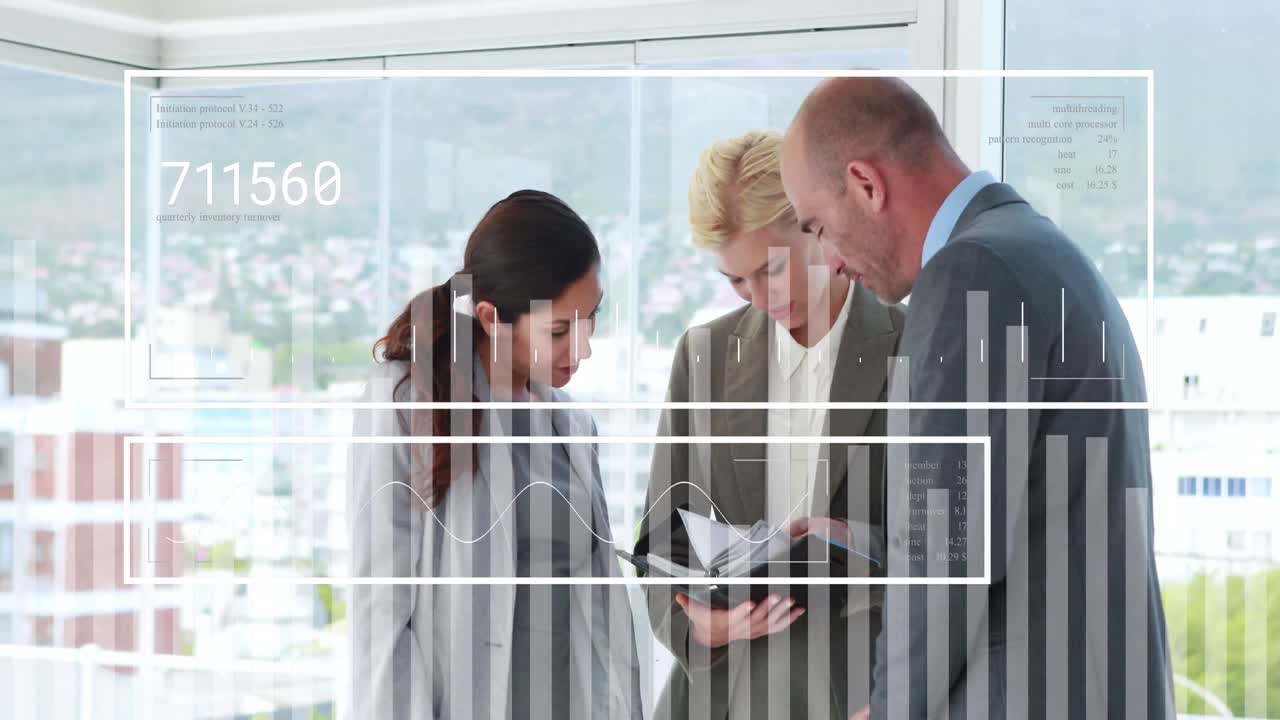 일기에서 일정을 보는 다양한 동료들에 대한 변화하는 숫자를 가진 그래프의 애니메이션