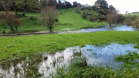 slow motion saturated flooded countryside stream burst its banks with submerged trees after storm flood weather