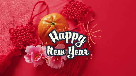 animation of new year greetings text over chinese traditional decorations on red background