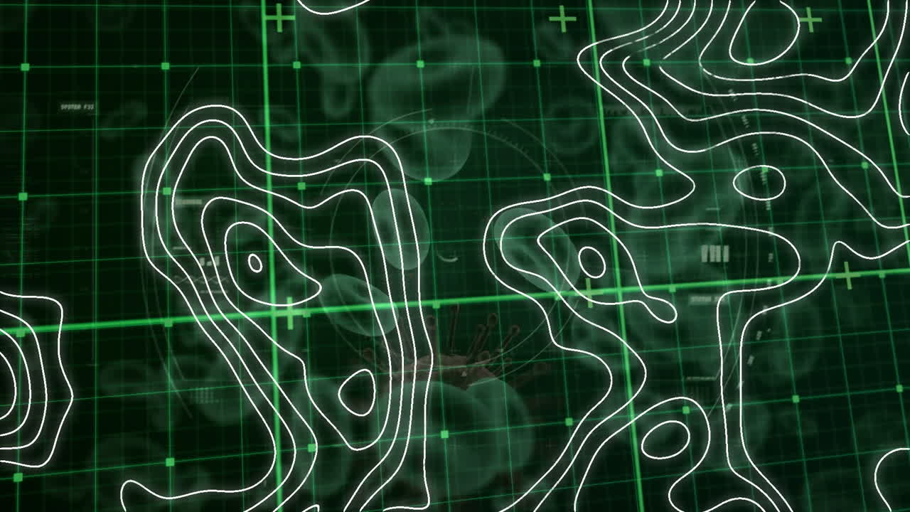 topografía sobre la red de rejilla contra la célula de covid-19 y los vasos sanguíneos en fondo verde