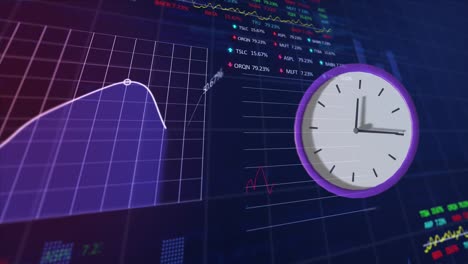 Animation-of-clock-moving,-stock-market-and-data-processing-on-blue-background