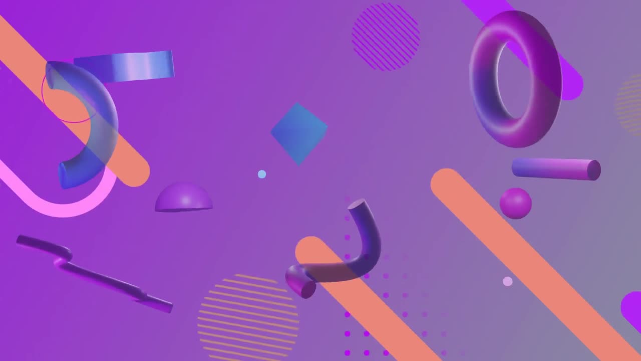 Animazione di vari oggetti geometrici colorati che ruotano su sfondo viola