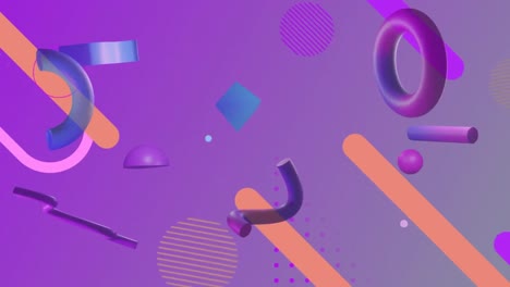 Animation-of-colourful-various-geometric-objects-rotating-on-purple-background