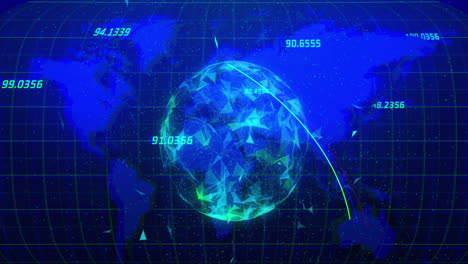 animación del globo de redes de plexo que gira sobre el mapa del mundo contra un fondo azul