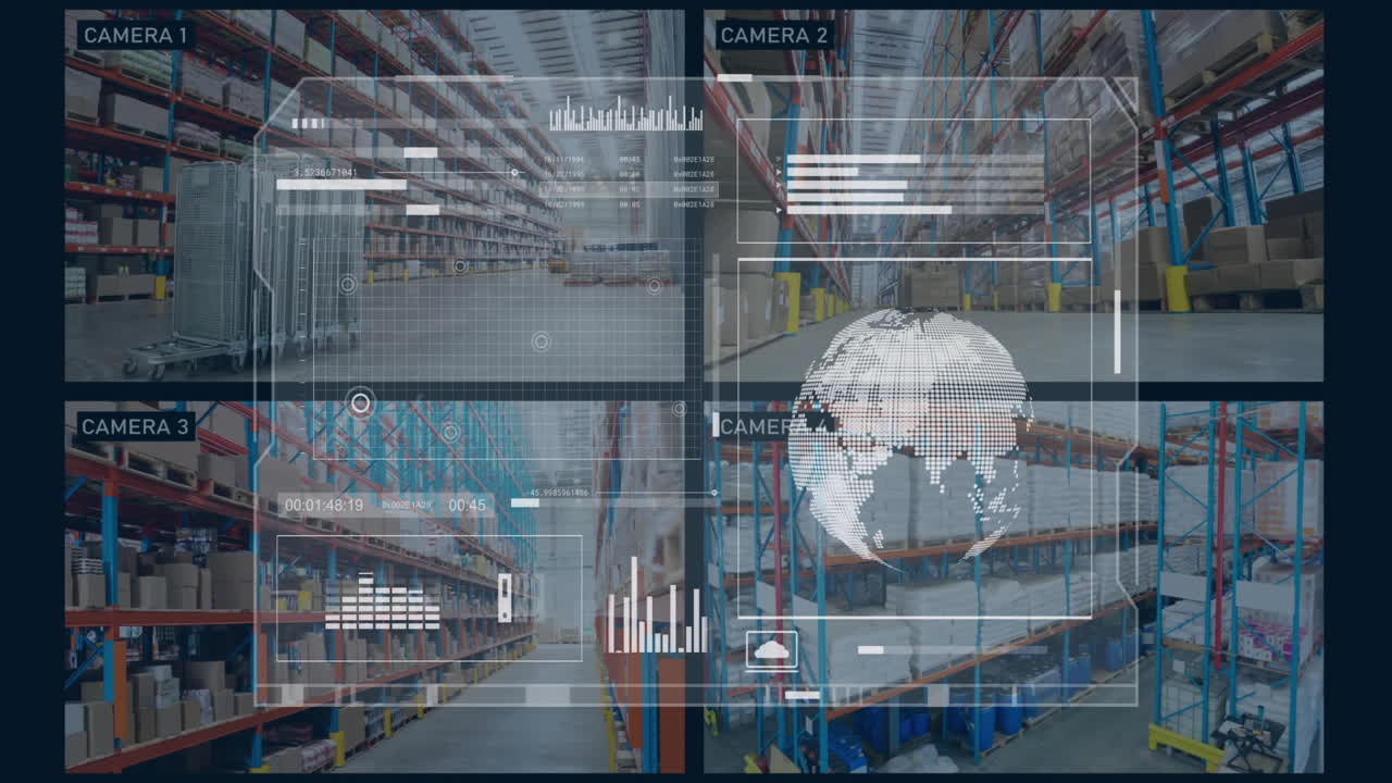 Monitoring warehouse with surveillance cameras, data analytics, and global network animation