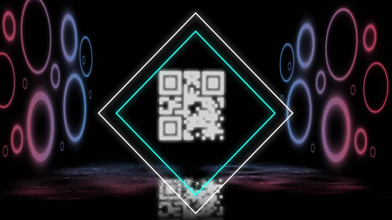 Animation of glowing qr code over neon geometric shapes