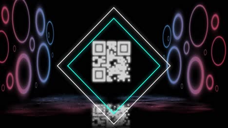 Animation-Von-Leuchtendem-QR-Code-über-Neongeometrischen-Formen