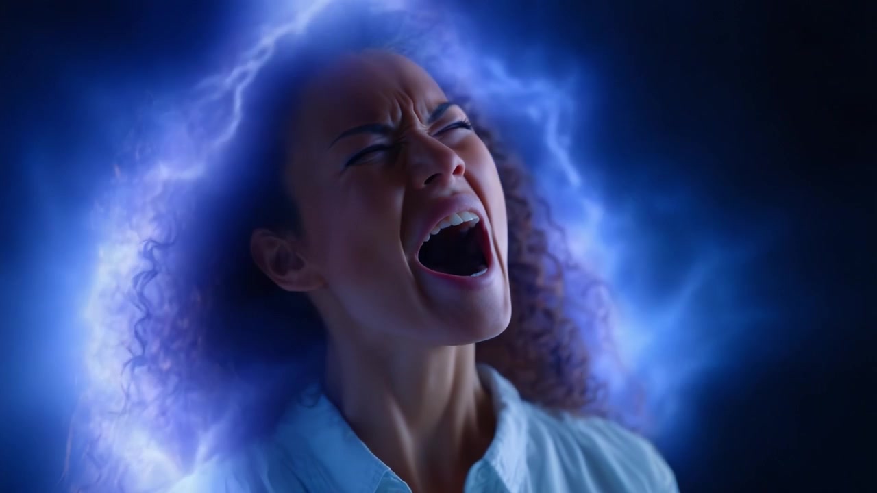 A woman exclaims powerfully amidst a backdrop of vibrant electric blue lightning, embodying raw emotion and energy in a stunning visual display of intensity.