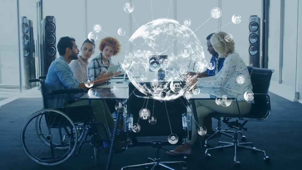 Animation of globe over disabled caucasian man with diverse business people