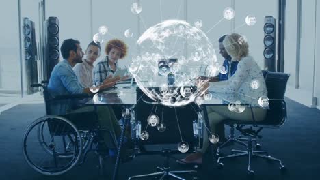 animation of globe over disabled caucasian man with diverse business people