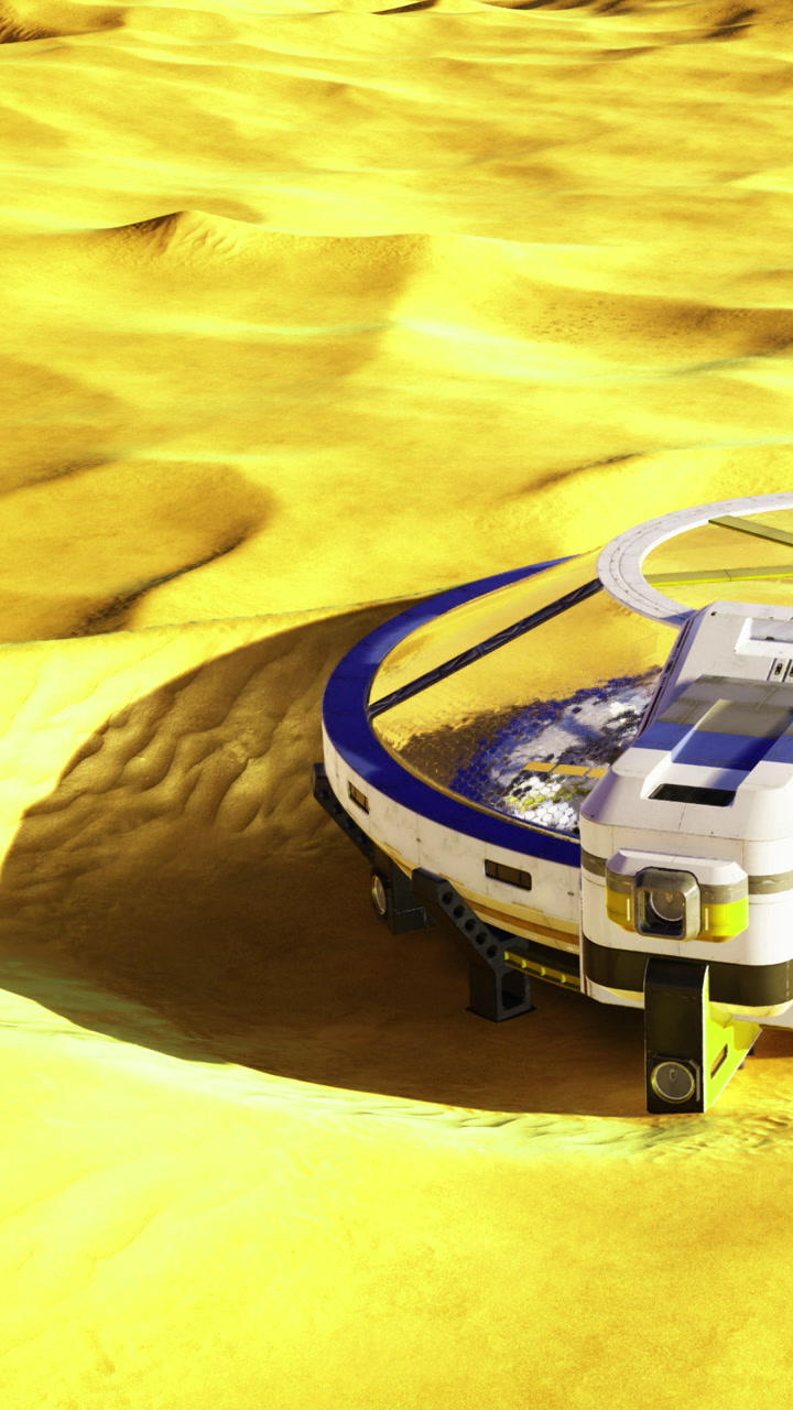 Spaceship on yellow landscape with unique terrain under bright sunlight