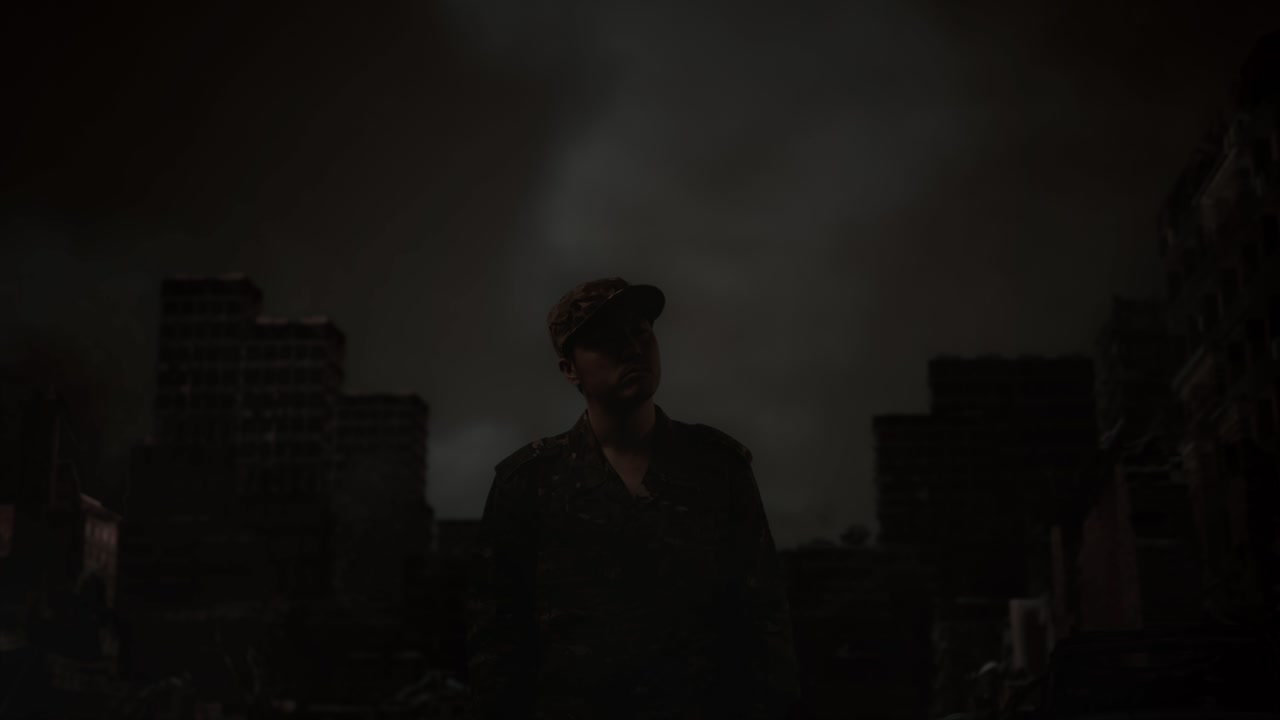 soldado en una ciudad post-apocalíptica