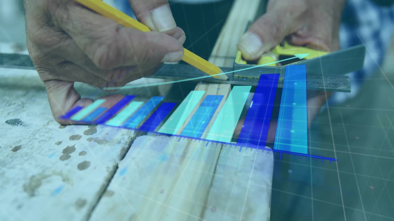 Woodworker aligning square on wood edge and activating technology overlay while tracing guideline