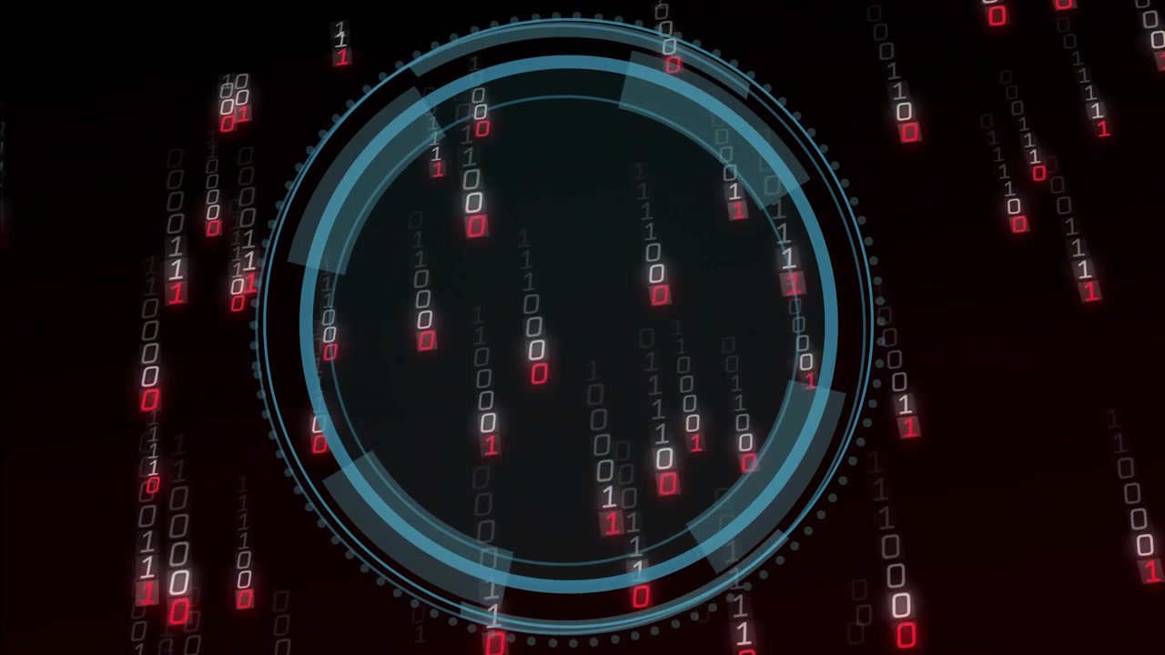 Shield fading triggers rings forming, rotating with binary code cascading visualizing data security