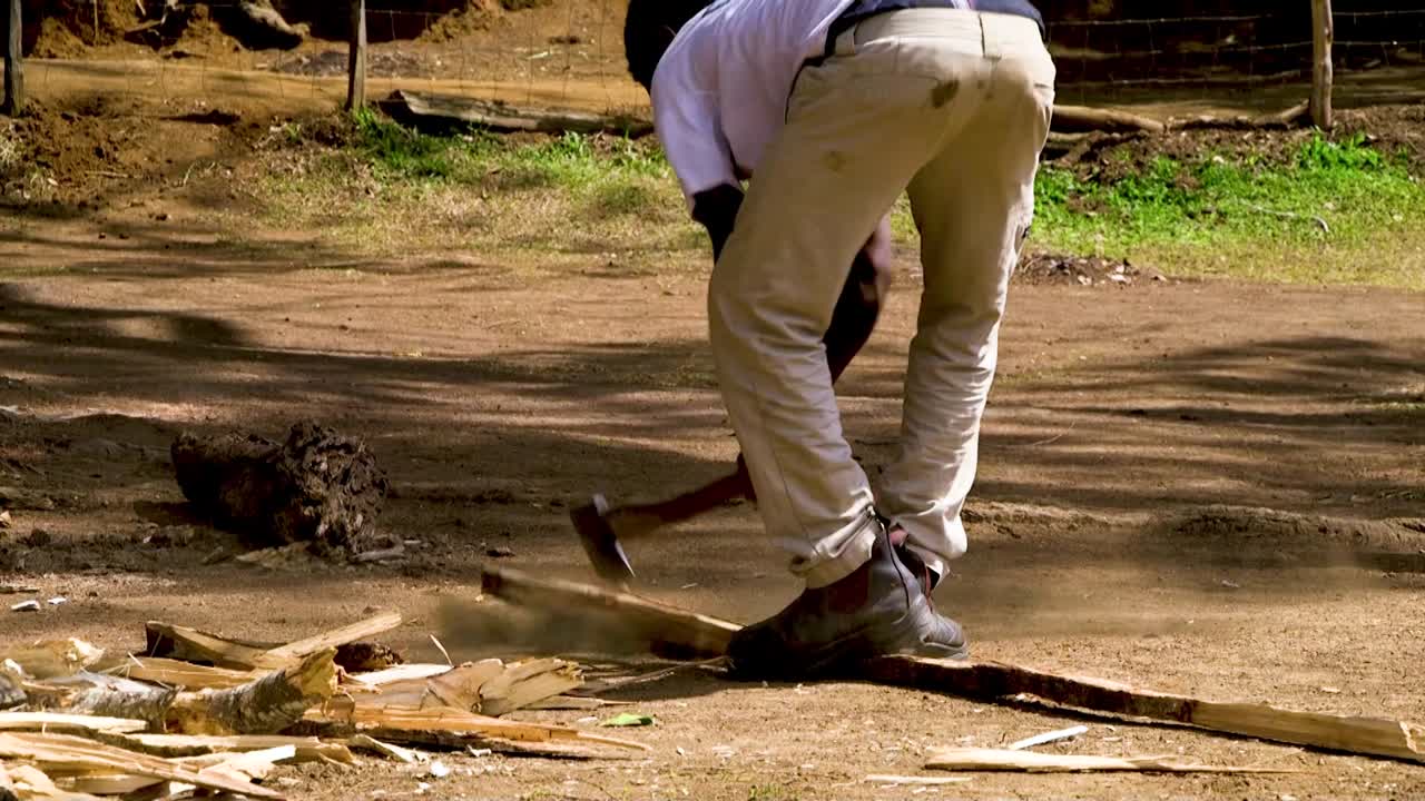 Using axe to chop fire wood the old way.