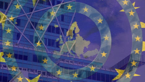 stars on spinning circles over eu map against tall building