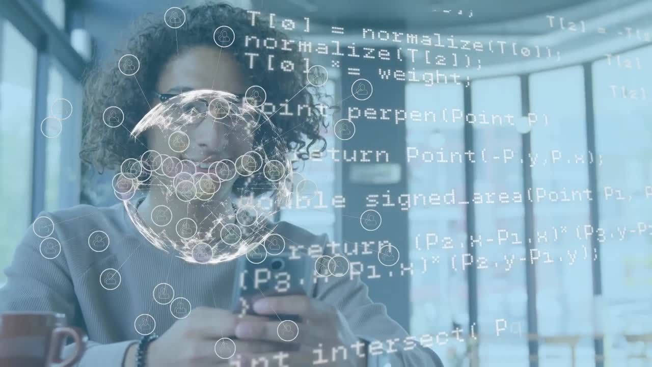 Animation of network of connections and data processing over man using smartphone