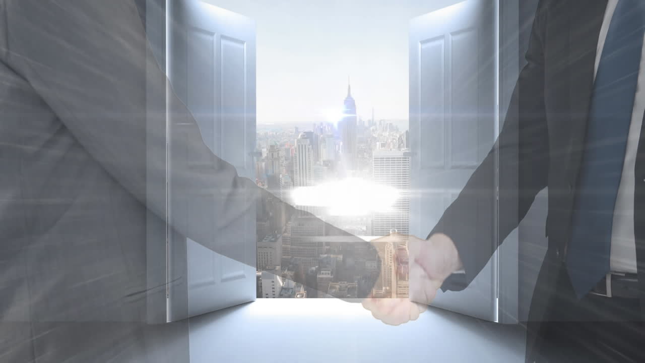 도시 풍경 위에서 손을 흔드는 사업가들의 애니메이션