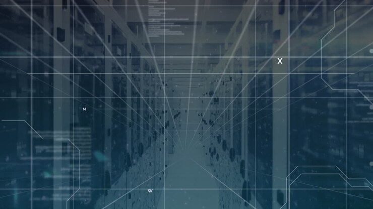 Animation of interface with data processing against computer server room