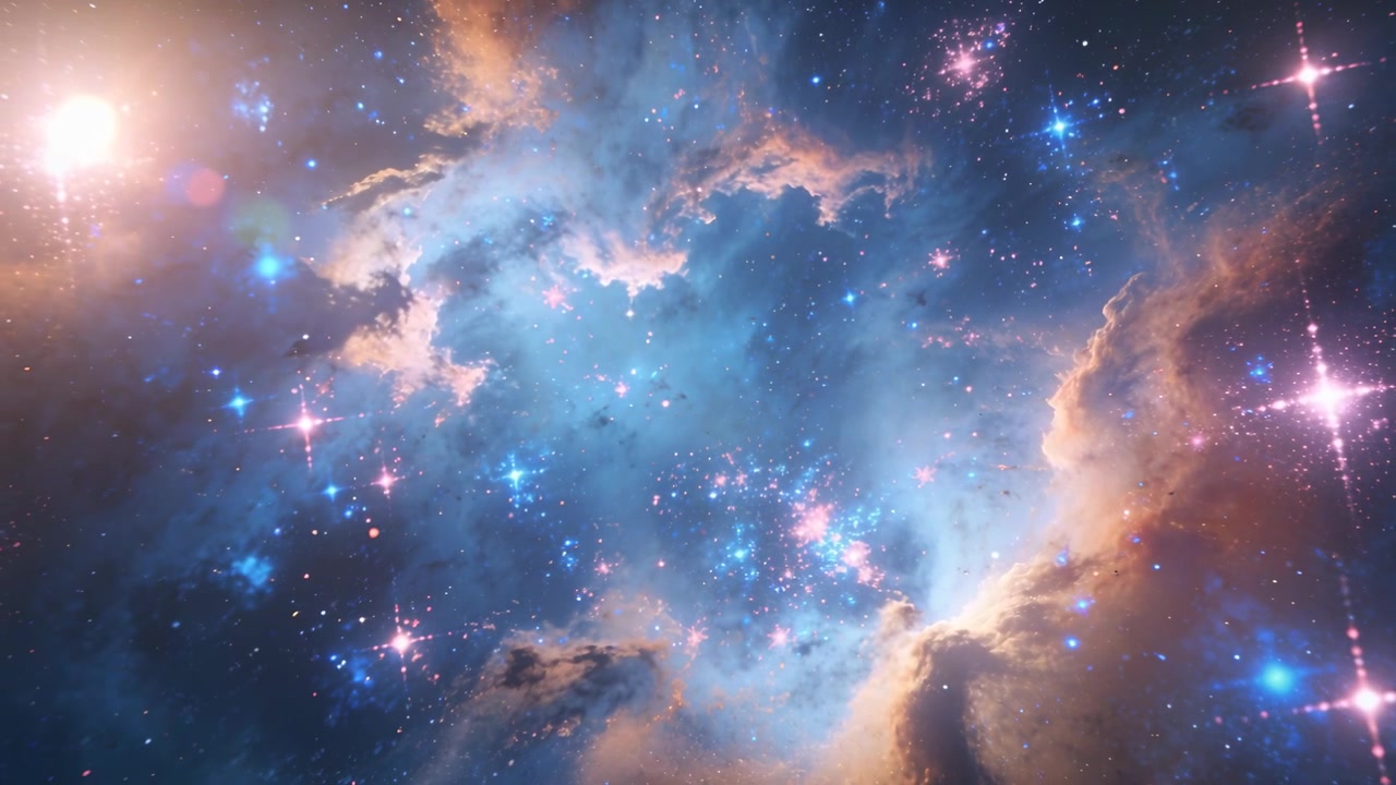 Luce calda in alto a sinistra che appare, nebulosa luminosa e campo stellare nello spazio che rivelano lentamente ammassi.