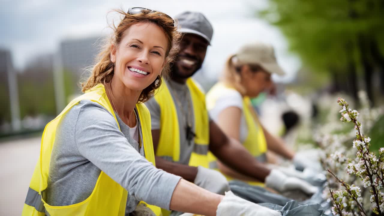Community Volunteers Engaging in Environmental Cleanup Efforts, Smiling and Working Together with Joyful Spirits to Enhance Urban Green Spaces