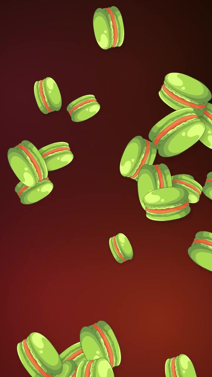 Macarons verdes estilizados caem e giram através de um espaço vertical vermelho escuro com iluminação suave.