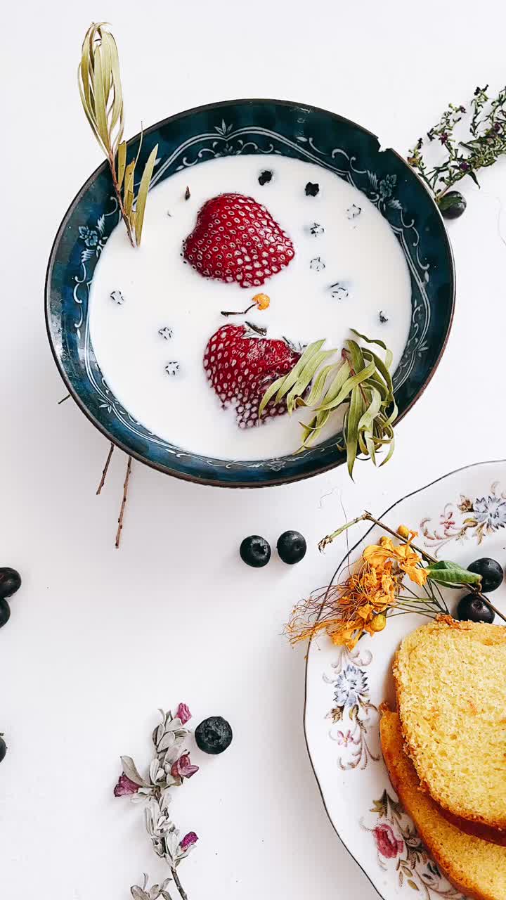 Delicate Breakfast Arrangement with Strawberries and Milk