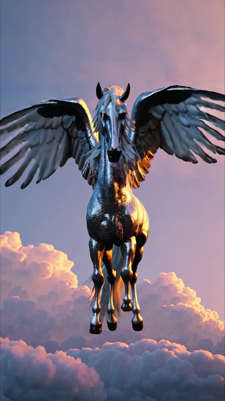 A majestic Pegasus soars through a sunset sky, captured from a low-angle view, evoking a fantasy