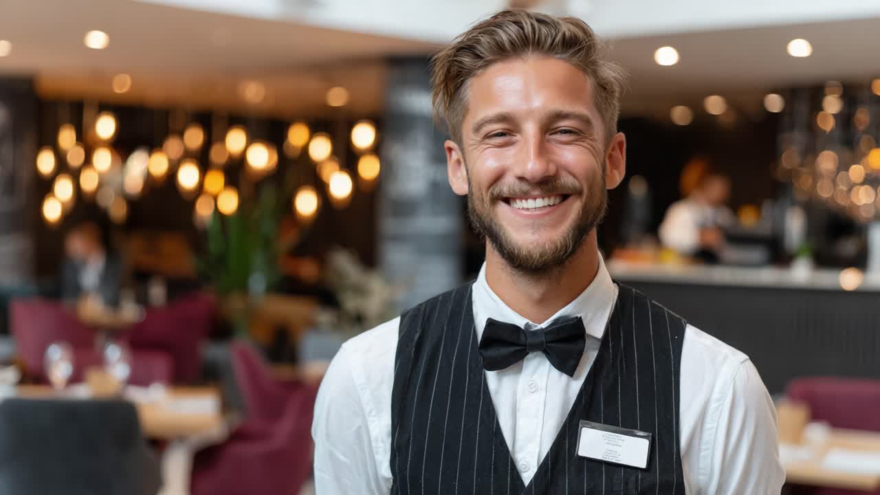 Ein gut gelaunter Kellner in einem stilvollen Restaurant, der mit einem herzlichen Lächeln und eleganter Kleidung Professionalität und Gastfreundschaft zeigt