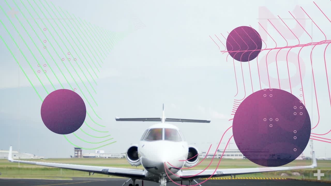 Jet on runway with colorful animation overlay of abstract shapes and lines