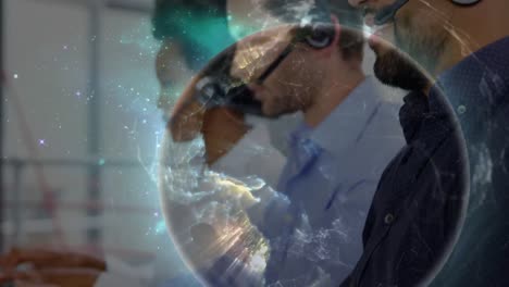 Animation-of-globe-and-connections-over-business-people-wearing-phone-headsets