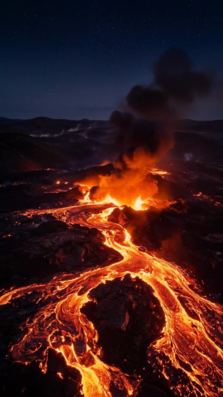 Incandescent lava fountains rise from multiple vents while braided molten rivers flow across dark volcanic terrain, sending drifting smoke and glowing reflections beneath clear starry night sky