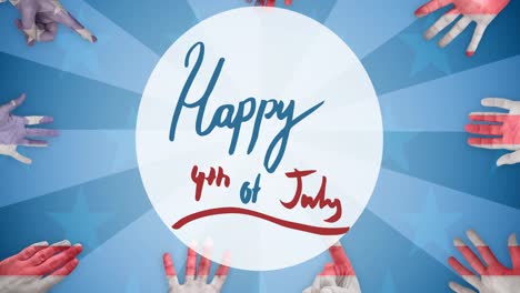 animation of 4th of july text with hands painted in american flag pattern