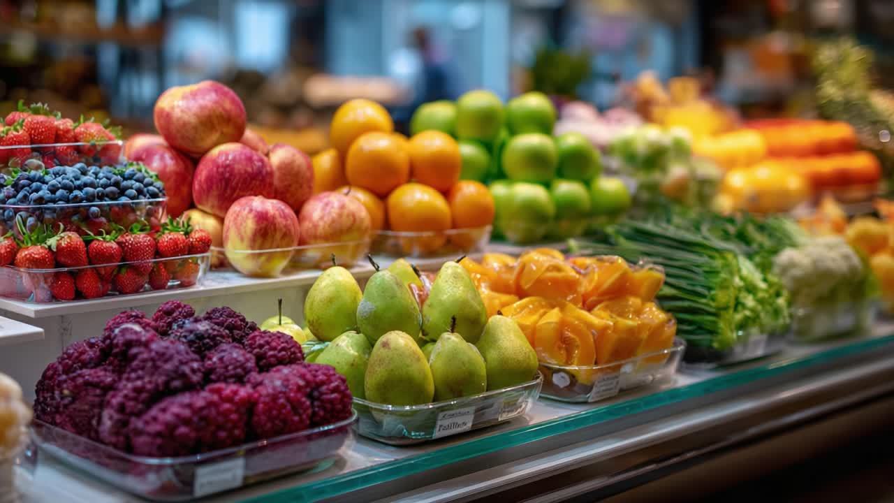 A Colorful Display of Fresh Fruits and Vegetables at a Market, Showcasing an Abundance of Natural Produce in Vibrant Arrangements to Tempt Shoppers