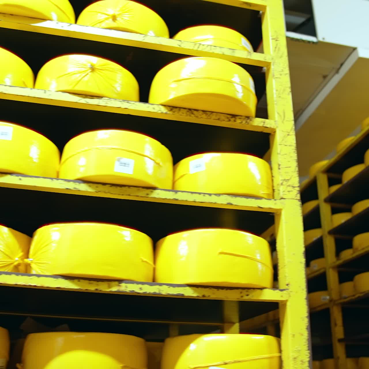 High metal shelves with heads of hard cheese at the dairy factory. Storage for cheese ripening in the dairy enterprise. Big yellow heads of cheese close up