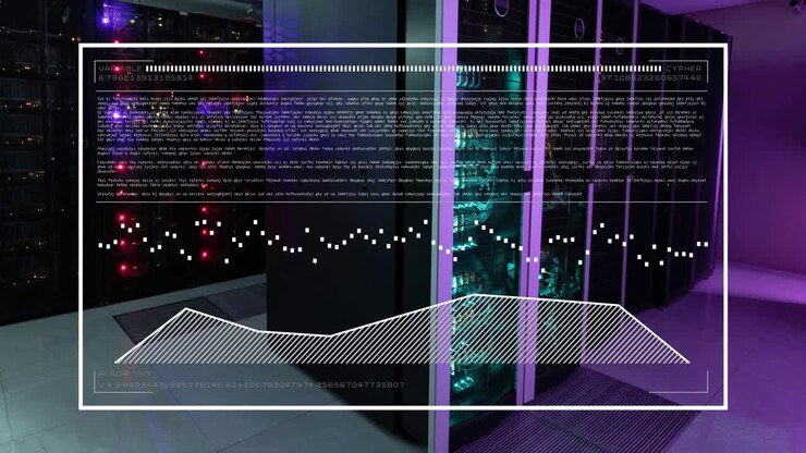 Animation of interface with data processing against computer sever room