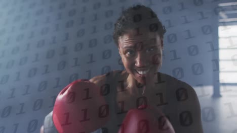 animation of floating numbers over woman wearing boxing gloves throwing punches in the air