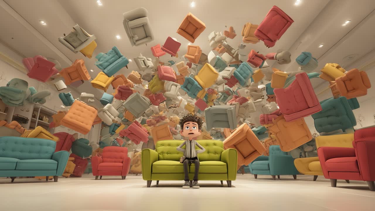 A whimsical scene featuring a young boy sitting on a vibrant green couch amidst a chaotic explosion of colorful floating sofas, showcasing a playful blend of animation and surreal interior design elements