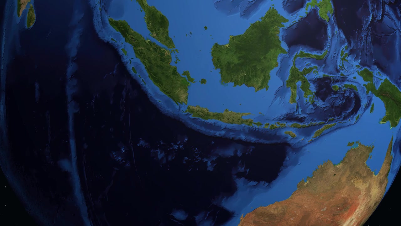 Globo digitale che ruota e zooma dallo spazio su Bandung, Indonesia, con sovrapposizione di dati e un marcatore.