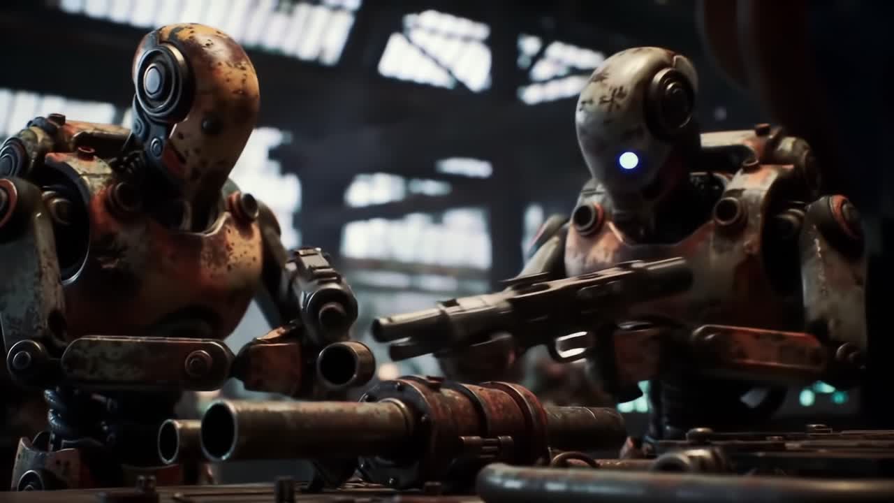 Two futuristic robots engage in intense weapon assembly and modification in a highly detailed industrial setting, showcasing advanced technology and intricately designed machinery